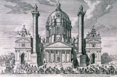 Uitzicht op de Karlskirche, Wenen gegraveerd door Hieronymous Sperling (1695-1777) door Salomon after Kleiner